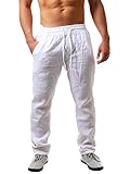 Gemijacka Herren Leinenhose Lang Leicht Sommerhose Loose Fit Freizeithose für Urlaub Strand Alltag Weiß L