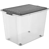 Rotho Compact Aufbewahrungsbox 70l mit Deckel und Rollen, Kunststoff (PP) BPA-frei, grau/transparent, A3/70l (57,0 x 39,5 x 43,5 cm)