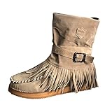LULUZ Damen Stiefeletten Westernstiefel Niedrige Absätze Fransenstiefel Elegant Schuhe Winter Schlupfstiefel Ankle Boots Knö