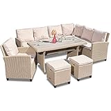 Green Spirit - Garten Sitzgruppe Madeira - Beige, Polyrattan, für 7 Personen, Wetterfest, Gartenmöbel-Set mit Ecksofa, Tisch, Sessel und 2 Hock
