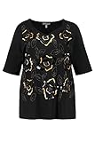 Ulla Popken Damen große Größen Übergrößen Plus Size T-Shirt, Herz-Ausschnitt, Halbarm, Stickerei, Pailletten schwarz 46+ 791810100-46+
