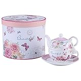 London Boutique Teekanne-, Tasse- und Untertasse-Set für eine Person im Vintage-Stil, mit Rosen- und Lavendel-Muster, Porzellan, in Geschenkbox 15x15cm Butterfly R