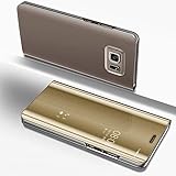 Miagon Spiegel Standing Schutzhülle für Galaxy S6 Edge, Transluzent Aussicht PC-Vorderseite Metall-Galvanotechnik Gold Stilvolle Brieftasche Schale Etui für Samsung Galaxy S6 Edg