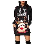 Mingfa.y Weihnachtspullover Damen Langarm Hoodie Sweatshirt Große Größe Kleid Weihnachtskleid Weihnachten Elch Rentier Drucken Pulloverkleid Kapuzenpullover Pulli Blusenkleider Partykleid Winterk