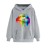 SALEBLOUSE Damen Bunte Lippen Bedruckt Pullover Langarm Hip Hop Kordelzug Hoodies Jumper Frauen Herbst und Winter Mode Baggy Kapuzen Sweatshirt Sweater Tops Outwear Bluse mit Käng