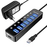 USB Hub Aktiv 3.0 mit Netzteil, 7 Ports USB 3.0 Hub aktiver Datenhub mit Schalter und 1 Intelligenter Charging Port und 20W(5V/4A) Netzteil Adap