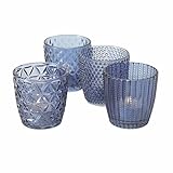 Glas Teelichthalter - 4er Set / blau - Deko Windlicht Retro Tischdek