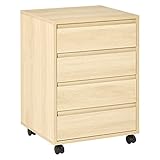 HOMCOM Rollcontainer Aktenschrank Büroschrank mit 4 Schubladen Lagerschrank Aufbewahrung Container MDF Natur 46 x 40 x 65