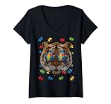 Damen Autism Awareness Tiger Puzzle Sonnenbrille Zoo Autistic Kids T-Shirt mit V