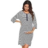 Umstands-Nachthemd für Damen, gestreift, 3/4-Ärmel, Stillnachthemd, Rundhalsausschnitt, Knopfleiste, Still-Nachtwäsche, bequem, Loungewear, Pyjama, S-XL, marineblau, 48