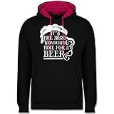 Weihnachten & Silvester Geschenke Party Deko - Its The Most Wonderful time for a Beer Vintage - weiß - XXL - Schwarz/Fuchsia - Fun - JH003 - Hoodie zweifarbig und Kapuzenpullover für H