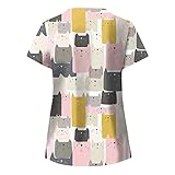 Covers Kasacks Damen Pflege Bunt Kurzarm V-Ausschnitt Blumenmuster Top Pflege Arbeitsuniform T-Shirts Kasack Damen Bunt Für Pflege Und Altenpflege, Kurzarm Und S