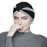 MASUMI Frauen Baumwolle Kappe für Haarverlust Chemo-Kopfbedeckung für Frauen Krebs Kopfbedeckung für Damen mit Alopezie Haarausfall Chemotherapie Turban Hut Amelia (Grau und Schwarz)