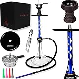 Jet Smoke INJECTRA Stainless Steel Shisha Hookah 69cm Wasserpfeife + Klick System Silikonschlauch 160cm Komplettset mit Alumundstück Zange und Hygienemundstück Set (Blau)