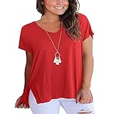 Damen T-Shirt Einfarbig Lose Nähte Trend Side Split Einfache Mode V-Ausschnitt Lässig Kurzarm Pullover Top S