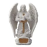 Veronese Design Engelsstatue mit Heiliger Michael Gebet Erzengel Denkmal, Marmor, weiß und goldfarben, 23,6