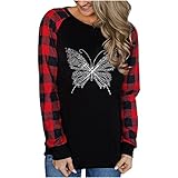 Damen Pullover T-Shirt Mit Pailletten Schmetterling Langarmshirt Oberteile O Ausschnitt Farbblock Hipster Bluse Hemd Frauen Freizeit Lockere Sweatshirt Top Sequins Tunika Shirts Frühling W