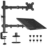 BONTEC Monitor Halterung mit Laptop Arm für 13-27 Zoll LCD LED Bildschirm bis zu 15,6“ Notebook, neigbare, drehbare, ergonomische Tischständerhalterung mit Klammer, VESA 75x75-100x100