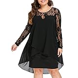 LOPILY Abendkleider Damen Groß Größen Geblühmte Spitzenkleider Zweilagige Saum Chiffonkleid Elegantes Sexy Abendkleid für Mollige Langarm Partykleid Lace Kleid für Hochzeit Gast Kleid 48 (Schwarz, 46)