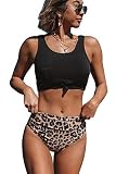 Beachsissi Damen Hoch taillierte Bademode Leopardenmuster Zweiteilige Badeanzüge Knotenfront Bikini Sets, Schwarz, M