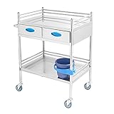 SUN RNPP 2 Schichten medizinischer Wagen Wagenwagen mit Rad, Laborklinik-Servierwagen Wagen aus Edelstahl, der Laborgeräte serviert, verdickter Edelstahl-Doppelschubladenwag
