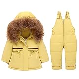 ZHZHUANG Baby Unisex Winter Puffer Mit Kapuze Schneeanzug Daunenjacke Und Ski-Lätzchen Schneehose, Kinder 2 Stück Faux Pelzkragen Set Outfit/Gelb/2 Bis 3 J