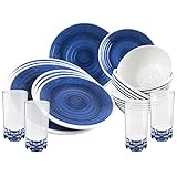 Melamin Geschirr und Polycarbonat Glas Set für 4 Personen - 16 Teile - Campinggeschirr - blau weiß - mit Trinkglas 600 ml - Gläsern - Essg