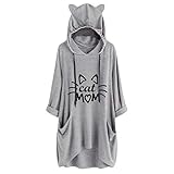 YEBIRAL Damen Hoodie Sweatshirt Kapuzenshirt Lässige locker Oberteile Asymmetrisch Tunika Tops Oversize T Shirt Bedrucken Grafik Bluse Pullover Mit Kapuze und Katzenohren (A-04Grau, XXXXL)