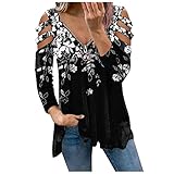 ZuzongYr Damen Blusen Langarm Kalte Schulter Sexy V-Ausschnitt Mit Reißverschluss Casual Tunika Oberteile T-Shirt Tops Lose Spitze Sommerbluse Tuniken Oversize Elegant Basic Tshirt Long