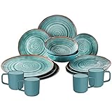 Melamin Geschirrset für 4 Personen - 16 Teile - Campinggeschirr - blau Tonoptik - elegant Essgeschirr spülmaschinengeeig