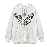 Orgrul Damen Vintage Lose Tasche Mode Kapuze Zip Top Frauen Zip Hoodie Sweatshirt Drawstring Langarm Mantel Punk Vintage Streetwear Schmetterling Drucken 265F (L, Weiß)