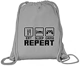 ShirtStreet Geek Nerd Gamer Premium Bio Baumwoll Turnbeutel Rucksack Stanley Stella Eat Sleep Game Repeat, Größe: onesize,Heather Grey