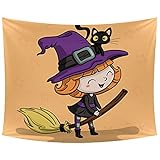 Wandteppich, Motiv 'Lovely Witch Riding a Broom-01', Wandkunst, Dekoration für Schlafzimmer, Wohnzimmer, Wohnheim, 229 x 142