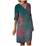 Dasongff Damen Sommerkleid Elegant V-Ausschnitt Freizeitkleid Leinenoptik Leinenkleid Knielang Lange Blumenmuster Blusenkleid 1/2 Langarm Retro Lässig Lose Tunika Tuchkleid Boho D