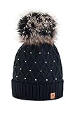 morefaz Wurm Winter Strickmütze Mütze Damen Kristalle Kiesel mit Große Bomme Pompon l SKI (Black) (MFAZ Ltd)