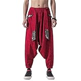 Haremshose Kimono Herren Japanische Weitem Bein Hosen - Chinesischer Stil Lockere Lässige Baggy Low Crotch Tai Chi Kampfsport Jogginghose,Red-Larg