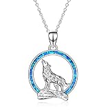 YFN Wolf Anhänger Halskette 925 Sterling Silber mit Opal Moon Halskette 18'Geburtstagstag Schmuck für Freundin Frau (Blaue Opal Wolf Halskette) (Blaue Opal Wolf Halskette)