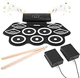 Elektronisches Schlagzeug Drum Set, Ohuhu 9 Pads Tragbare Roll Up Midi Tabletop Drum Schlagzeug Set mit Eingebautem Lautsprecher Drum Fußpedal Drumsticks für Kinder & Anfäng