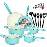 Masthome 20pcs Topf und Pfannen Sets,Induktion Keramik Kochtopf Set mit Glasdeckel,Antihaft-Pfanne Set mit 5 Stücke Silikon Kochgeschirr Spülmaschinenfest Hergeben Messlö