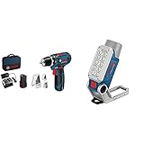 Bosch Professional 12V System Akku-Bohrschrauber GSR 12V-15 (inkl. 2x2.0 Ah Akku, Ladegerät GAL 12V-20, 39tlg.) & 12V System Akku Baustrahler GLI 12V-330 (330 Lumen, 0,3 kg, 2 Helligkeitsstufen)