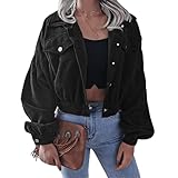 Womens Casual beschnitten Cord Jacke Vintage Lange Laterne Ärmel Taste unten solide Jacke (Schwarz, XX-Groß)