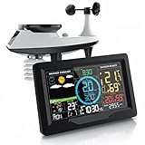 Brandson - Funk Wetterstation mit 5 in 1 Außensensor – LED Farbdisplay - DCF - Thermometer Hygrometer Barometer – Windmesser und Regensensor – Solarpanel - Wetterwarnung – Wettervorhersag