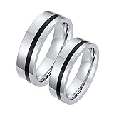 Bishilin Edelstahl Ringe Damen Herren, 6MM Silber Ringe mit Schwarzer Emaille Damen Gr.65 (20.7) + Herren Gr.62 (19.7) Verlobungsringe Paar Ringe S