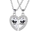 2 Stück Damen Kette Anhänger Silber mit Strass für Paar Pärchen,Herz Freundschaftsketten Best Friends Haslkette Gravur Panda , Schmuck Partnerketten für beste Freunde,Liebhaber und Couple Geschenk