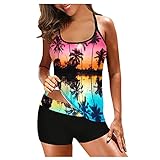 TICOOK Damen Übergröße Print Strappy Back Tankini Set Zweiteilige Badeanzüge Badekleid hohe Taille konservative Spaltung