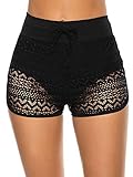 Damen Spitze Hollow Out Badeshorts Badeanzug Tankini Bottom Board Shorts Damen Sexy High Waist Bikini Shorts Bademode Boyshorts, Schwarz , S