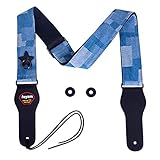 Rayzm Denim Gitarrengurt, Baumwollband für Akustik/Elektrin/BassGitarre mit Plektrum Picks Tasche, Metallschnalle, Schlüsselanhänger, 5cm breit, verstellbare Läng