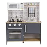 Coemo Kinderküche Klara Holz Anthrazit Grau Spielküche inkl Zubehör Moderen Design mit Gaskochfeld Backofen Mikrow