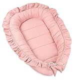 PIMKO Babynest mit rüschen Babynestchen für Baby Kuschelnest Babykokon für Säuglinge und Neugeborene 100% Baumwolle Babykissen geeignet für Zuhause oder als Lagerungskissen 55 x 90 cm (Rosa)