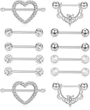 LOLIAS 12 STÜCKE Edelstahl Piercing Brustwarzenpiercing Zungenringe für Damen Mädchen Nippel Piercing CZ Nipplerings Herzform Barbell Helix Piercing Schmuck 14G Silber/Rose G